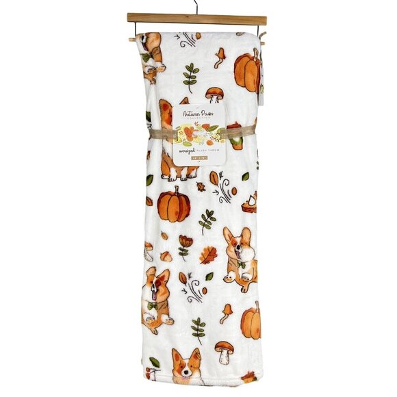 Autumn Paws NWT 60" x 70" SOFT Corgi Plush Throw Blanket Halloween Thanksgiving - Picture 2 of 5